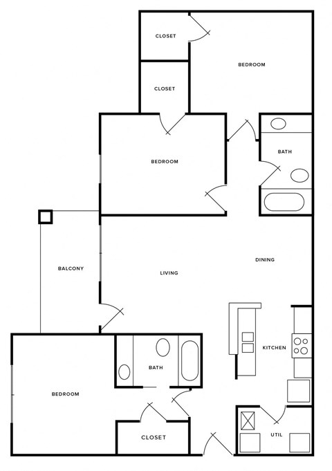 a possible floor plan for a house with three bedrooms and two baths and an open